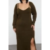 Womens Fashion Stylish Plus Size Midi Length Sweetheart Neck Fitted Corduroy Slit Knitwear Dress & Bolero Set
