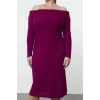 Kadın Moda Şık Büyük Beden Midi Boy Carmen Yaka Slim Köpük Örme Büyük Beden Elbise