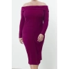 Kadın Moda Şık Büyük Beden Midi Boy Carmen Yaka Slim Köpük Örme Büyük Beden Elbise