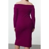 Kadın Moda Şık Büyük Beden Midi Boy Carmen Yaka Slim Köpük Örme Büyük Beden Elbise