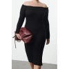 Kadın Moda Şık Büyük Beden Midi Boy Carmen Yaka Slim Köpük Örme Büyük Beden Elbise