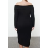 Kadın Moda Şık Büyük Beden Midi Boy Carmen Yaka Slim Köpük Örme Büyük Beden Elbise