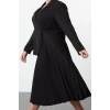 Kadın Moda Şık Büyük Beden Midi Boy Ceket Yaka Relaxed Pilise Etekli Dokuma Büyük Beden Ceket Elbise