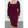 Kadın Moda Şık Büyük Beden Midi Boy Bisiklet Yaka Fitted Kaşkorse Örme Büyük Beden Elbise