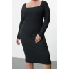 Kadın Moda Şık Büyük Beden Midi Boy Bisiklet Yaka Fitted Kaşkorse Örme Büyük Beden Elbise