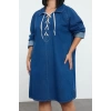 Kadın Moda Şık Büyük Beden Mini Boy Gömlek Yaka Denim Rigid Bağcıklı Büyük Beden Elbise