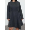 Womens Plus Size Midi Length Crew Neck Relaxed Tweed Buckle Accessory Woven Plus Size Dress