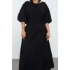 Women Fashion Stylish Plus Size Midi Length Crew Neck Relaxed Textured Balloon Sleeve Woven Plus Size Dress
