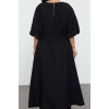 Women Fashion Stylish Plus Size Midi Length Crew Neck Relaxed Textured Balloon Sleeve Woven Plus Size Dress