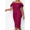 Kadın Moda Şık Büyük Beden Midi Boy Carmen Yaka Fitted Düz Bodycone Dokuma Büyük Beden Elbise