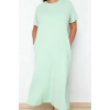 Kadın Moda Şık Büyük Beden Midi Boy Bisiklet Yaka Relaxed Örme T-shirt Elbise
