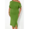 Kadın Moda Şık Büyük Beden Midi Boy Kayık Yaka Fitted Tek Omuz Örme Elbise