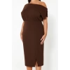 Kadın Moda Şık Büyük Beden Midi Boy Kayık Yaka Fitted Tek Omuz Örme Elbise