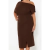 Kadın Moda Şık Büyük Beden Midi Boy Kayık Yaka Fitted Tek Omuz Örme Elbise