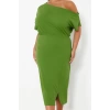 Kadın Moda Şık Büyük Beden Midi Boy Kayık Yaka Fitted Tek Omuz Örme Elbise