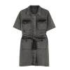 Women Fashion Stylish Plus Size Mini Length Shirt Collar Denim Dark Blue Belt Detailed Shirt Dress