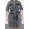 Women Fashion Stylish Plus Size Mini Length Shirt Collar Denim Dark Blue Belt Detailed Shirt Dress