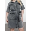 Women Fashion Stylish Plus Size Mini Length Shirt Collar Denim Dark Blue Belt Detailed Shirt Dress