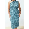 Womens Plus Size Midi Length Body-Fitting One Shoulder Asymmetrical Gathering and Degaje Detailed Knitted Dress