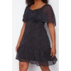 Womens Plus Size Midi Length V Neck Black Polka Dot Elastic Waist Woven Chiffon Lined Dress