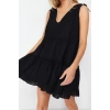 Kadın Moda Şık Mini Boy V Yaka Relaxed Siyah Geniş Kalıp Dokuma Fırfırlı %100 Pamuklu Plaj Elbisesi