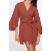 Kadın Moda Şık Mini Boy V Yaka Regular Dokuma Bağlamalı %100 Pamuklu Plaj Elbisesi