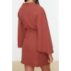 Kadın Moda Şık Mini Boy V Yaka Regular Dokuma Bağlamalı %100 Pamuklu Plaj Elbisesi
