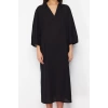 Women Fashion Stylish Maxi Length V Neck Regular Black Wide Pattern Woven Beach Dress