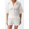 Women Fashion Stylish Regular Short Length Long Sleeve Ecru Woven Muslin 100% Cotton Shirt Shorts Set
