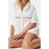 Women Fashion Stylish Regular Short Length Long Sleeve Ecru Woven Muslin 100% Cotton Shirt Shorts Set