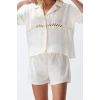 Women Fashion Stylish Regular Short Length Long Sleeve Ecru Woven Muslin 100% Cotton Shirt Shorts Set