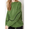 Women Fashion Stylish Hijab Stand Collar Low Sleeve Regular Green Stripe Piping Detailed Knitwear Sweater