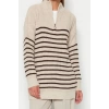 Women Fashion Stylish Hijab Half Turtleneck Low Sleeve Midi Striped Zipper Detail Knitwear Sweater