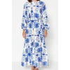 Women Fashion Stylish Hijab Maxi Length Crew Neck Regular Belted Floral Woven Dress