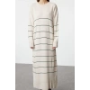 Women Fashion Stylish Hijab Maxi Length Crew Neck Relaxed Stone Striped Long Knit Dress