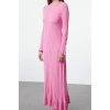 Kadın Moda Şık Tesettür Maxi Boy Bisiklet Yaka Regular Eteği Fırfırlı Ribana Triko Elbise