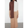 Kadın Moda Şık Tesettür Maxi Boy Dik Yaka Regular Renk Bloklu Triko Elbise