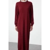 Women Fashion Stylish Hijab Maxi Length Stand Collar Relaxed Burgundy Embroidered Collar Detailed Knitwear Dress