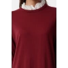 Women Fashion Stylish Hijab Maxi Length Stand Collar Relaxed Burgundy Embroidered Collar Detailed Knitwear Dress