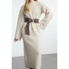 Kadın Moda Şık Tesettür Maxi Boy Bisiklet Yaka Oversize Saç Örgülü Triko Elbise