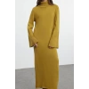 Kadın Moda Şık Tesettür Maxi Boy Balıkçı Yaka Fitted Geniş Kollu Triko Elbise