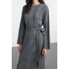 Kadın Moda Şık Tesettür Maxi Boy Bisiklet Yaka Regular Geniş Fitilli Triko Elbise