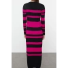 Women Fashion Stylish Hijab Maxi Length Crew Neck Fitted Fuchsia Color Block Ribbed Knit Sweater Dress