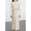 Women Fashion Stylish Hijab Maxi Length Stand Collar Fitted Belted Mink Piping Knit Dress