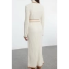 Women Fashion Stylish Hijab Maxi Length Stand Collar Fitted Belted Mink Piping Knit Dress
