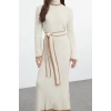 Women Fashion Stylish Hijab Maxi Length Stand Collar Fitted Belted Mink Piping Knit Dress