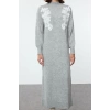 Kadın Moda Şık Tesettür Maxi Boy Bisiklet Yaka Regular Jakarlı Desenli Triko Elbise