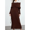 Women Fashion Stylish Hijab Maxi Length Carmen Collar Fitted Woven Garnished Knitwear Dress