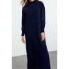 Kadın Moda Şık Tesettür Uzun Dik Yaka Regular İnci Taş Detaylı Triko Elbise