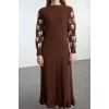 Women Fashion Stylish Hijab Maxi Length Crew Neck Fitted Ribbon Patterned Knit Dress